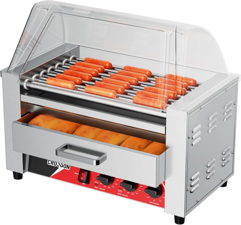 CROSSON 2 IN 1 Hot Dog Machine 7 Rouleaux avec Couvercle Visuel, 1350W, Chauffe-pain Inox