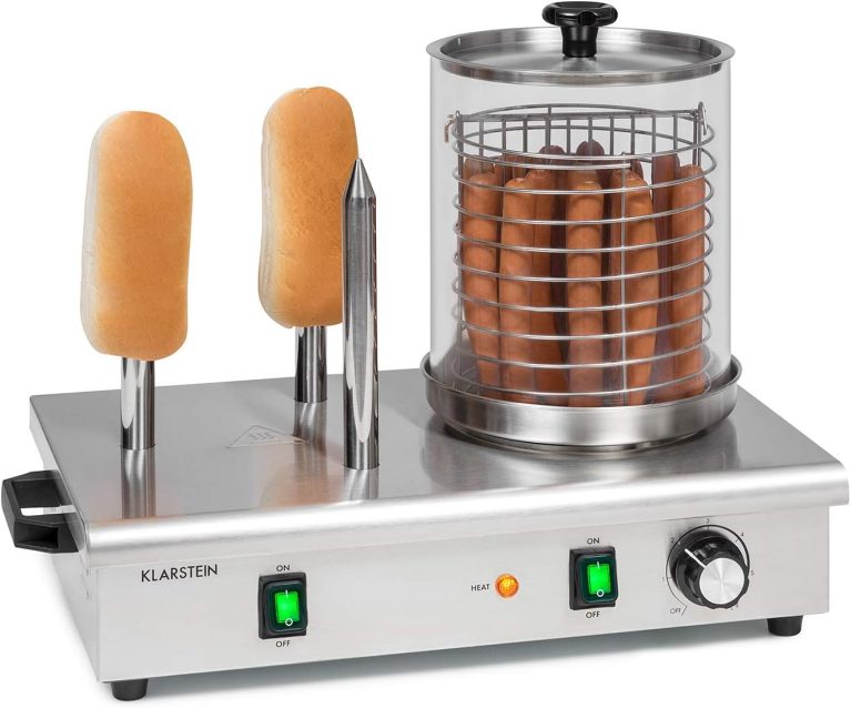 Klarstein Wurstfabrik Pro 600 machine à hot-dogs, 600 W, 3 broches chauffantes, thermostat 30-100 °C, cylindre en verre Ø 20 cm, cage en acier inox Ø 17 cm, cuiseur à saucisses pro, argenté
