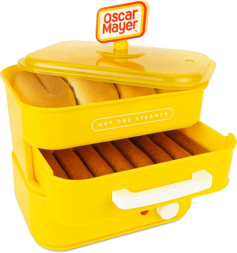 Le grille-pain à hot-dog et réchauffeur de buns style diner Nostalgia Oscar Mayer, capacité de 8 hot-dogs et 4 buns, pour cuire à la vapeur les bratwursts, saucisses, légumes, poissons, raviolis