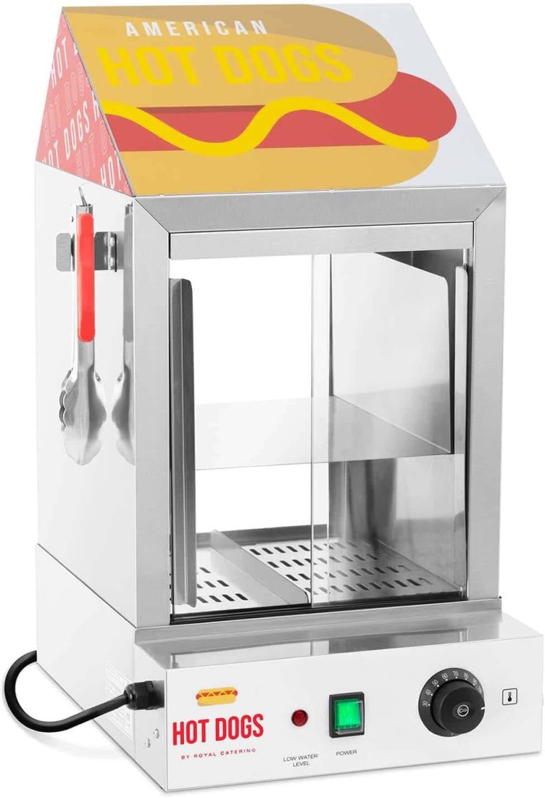 Royal Catering Cuiseur À Vapeur Pour Hot Dogs Machine Appareil Pro Professionnelle RCHW 1000H (100 saucisses + 25 pains, 1 000 W, 30-110 °C, Soupape De Vidange, Inox, Verre)