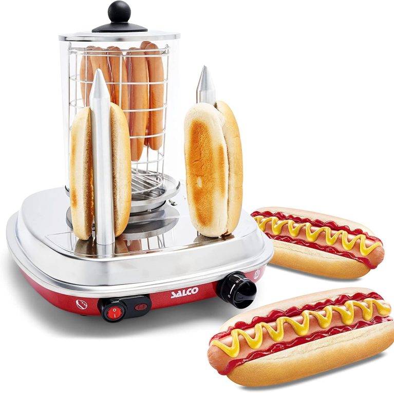 Salco Hot Dog Maker - Cuiseur vapeur de style rétro - 450 W - Avec contrôle thermique - Brochettes chauffantes pour 2 petits pains - Capacité du cylindre pour 8 saucisses - Boîtier en métal, cylindre en verre et panier en acier inoxydable